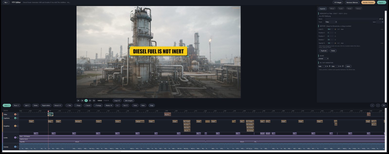 The YTF Editor: the preview with a title taken hold of, the Motion numbers beside it, and every scene, title, caption and sound on its track below